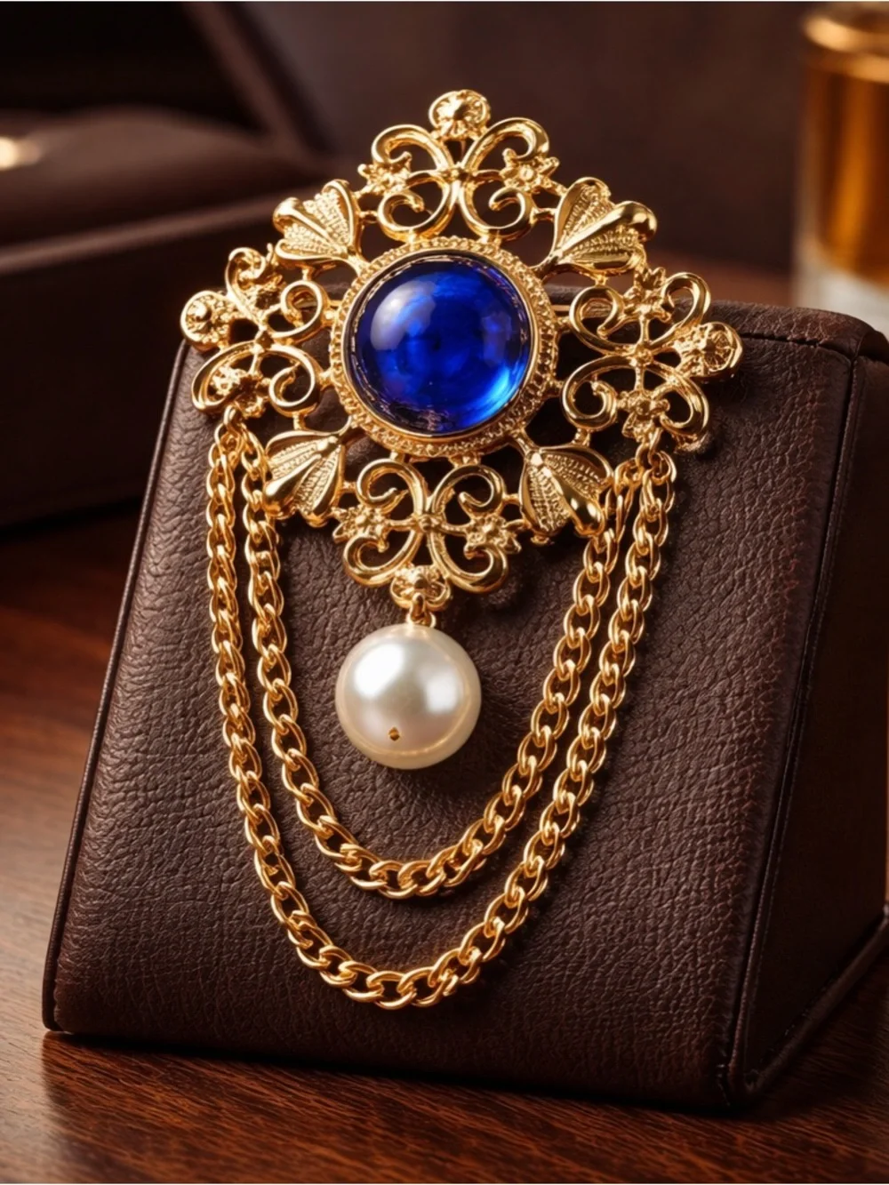 Vintage Style Gold Tone Filigree Blue Cabochon Faux Pearl Dangle Chain Brooch